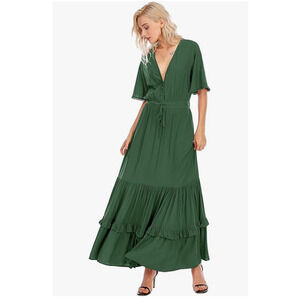 R.Vivimos Womens M Cotton Short Sleeve V-Neck Print Casual Bohemian Midi Dresses